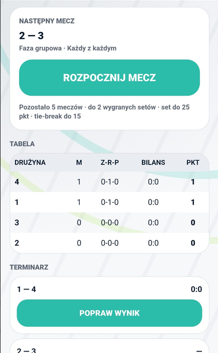 Ekran turnieju i tabeli wyników w WF Base